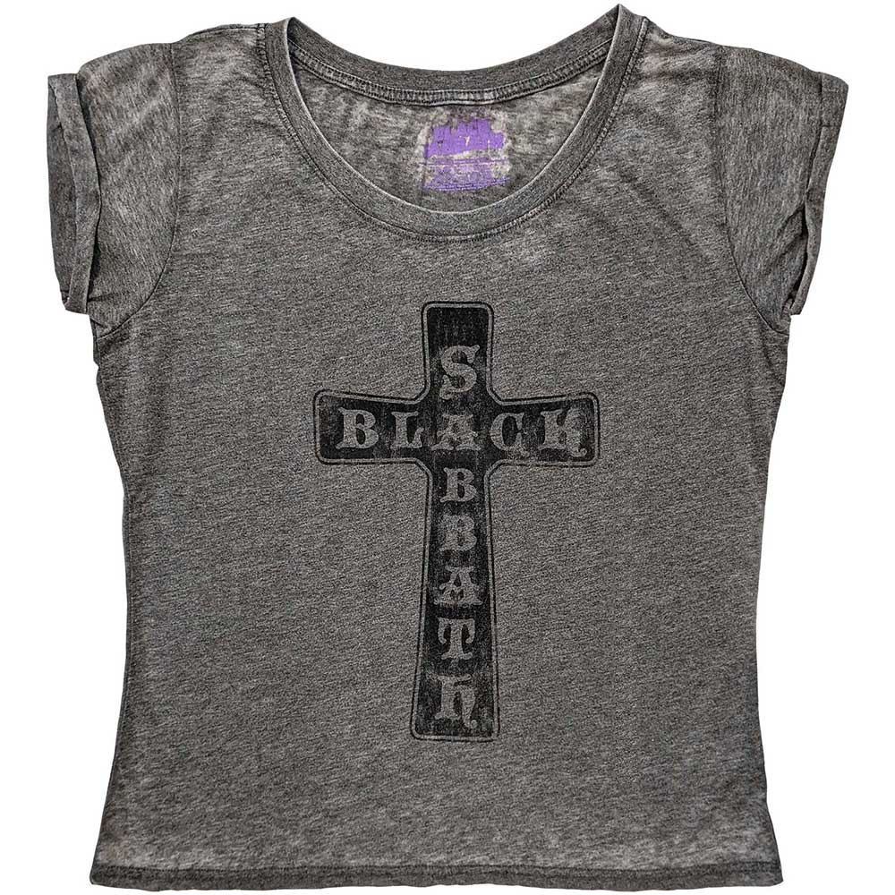 Black Sabbath Ladies T-Shirt: Vintage Cross (Burnout) T-Shirt