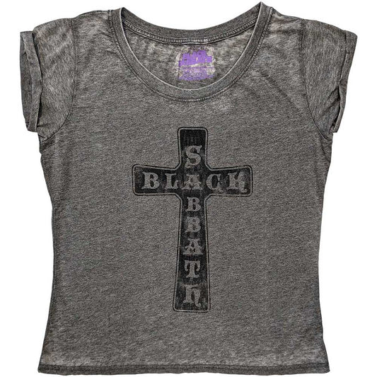 Black Sabbath Ladies T-Shirt: Vintage Cross (Burnout) T-Shirt