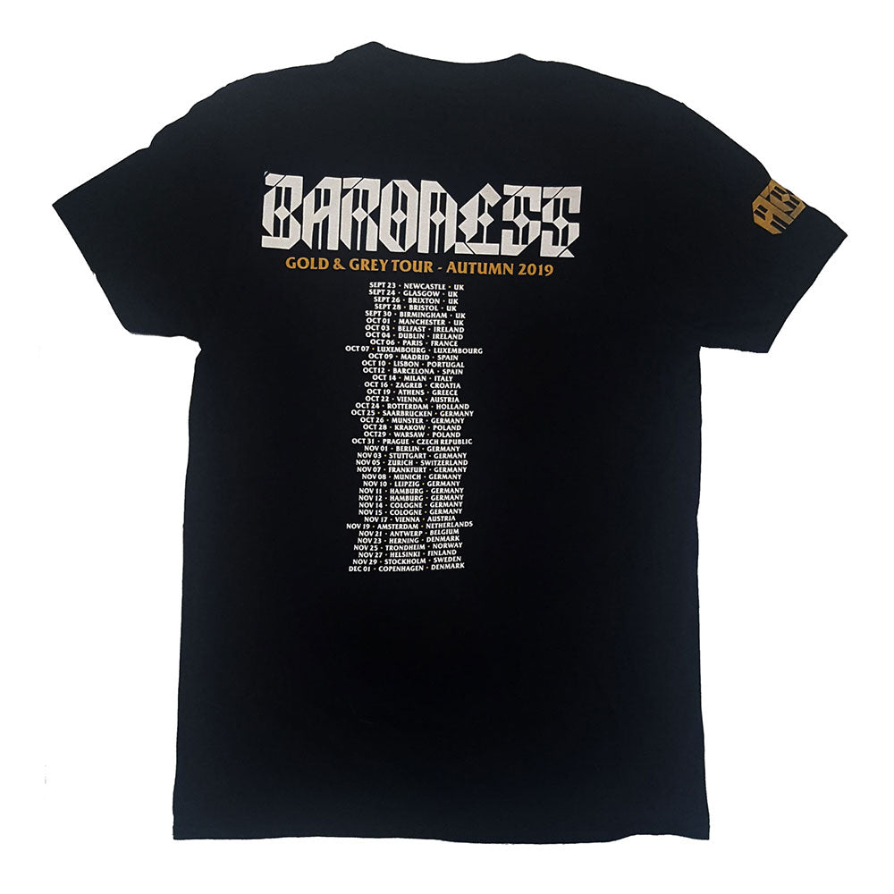 Baroness Unisex T-Shirt: Gold & Grey Date back (Back Print) (Ex-Tour) T-Shirt