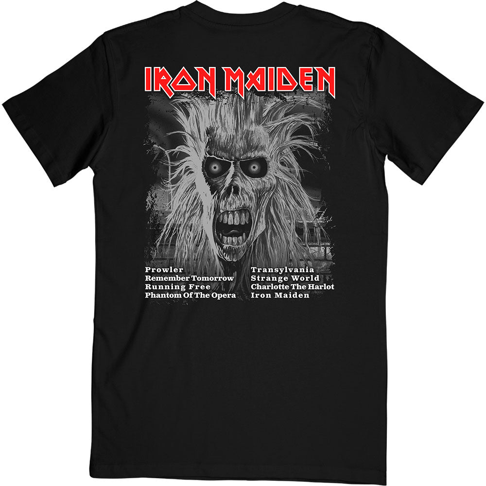 Iron Maiden Unisex T-Shirt: First Album Track list V.3. (Back Print) T-Shirt