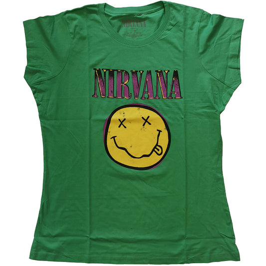 Nirvana Ladies T-Shirt: Xerox Happy Face Pink T-Shirt
