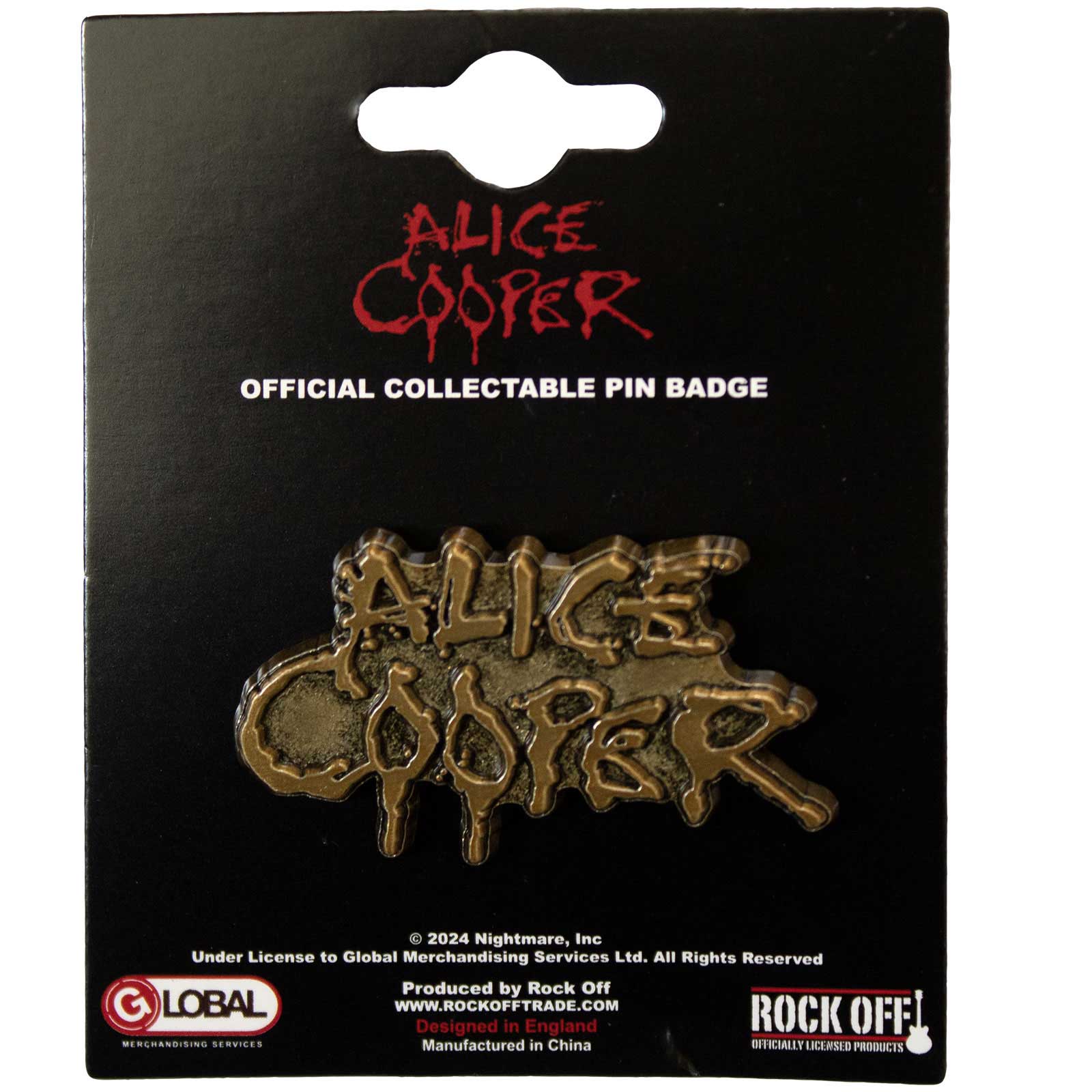 Een foto van een Alice Cooper Speld Badge