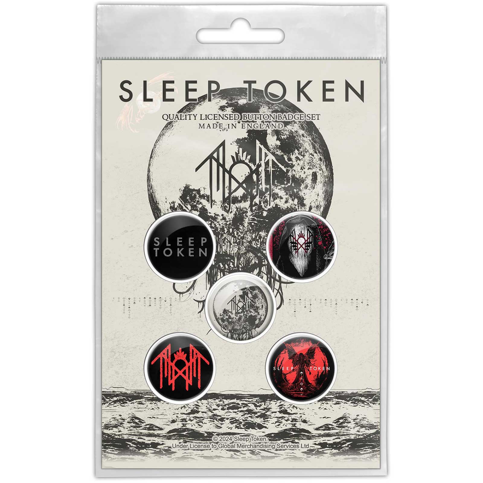 Een foto van een Sleep Token Knop Badge Pakket