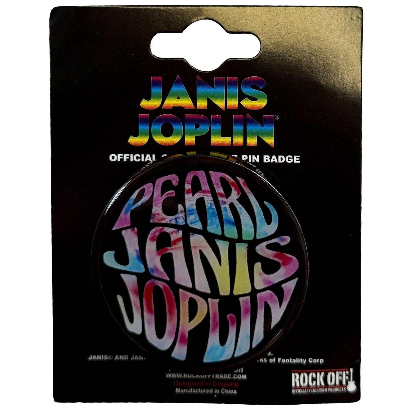 Een foto van een Janis Joplin Speld Badge
