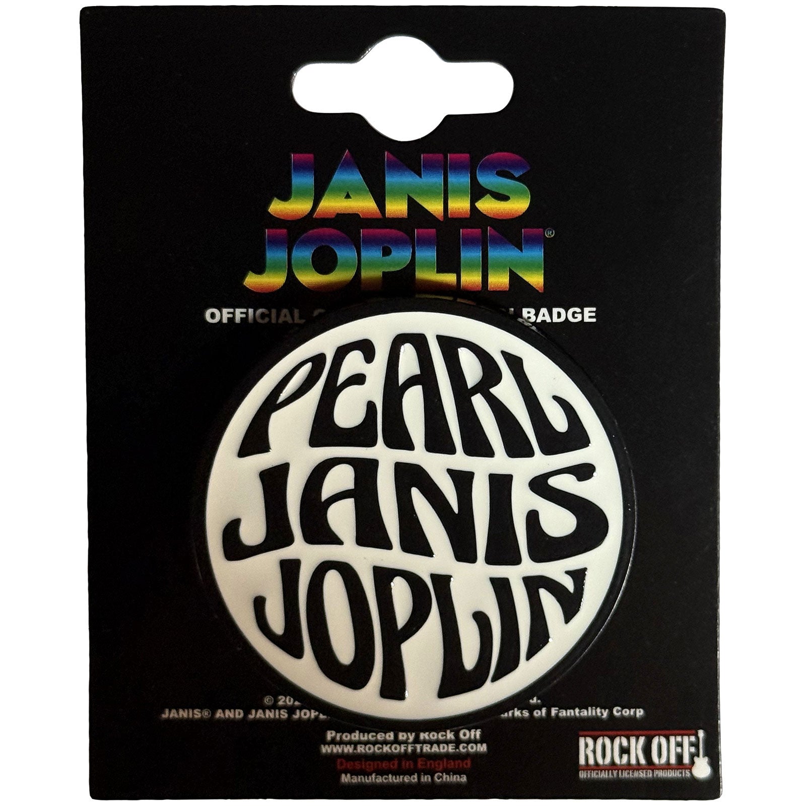 Een foto van een Janis Joplin Speld Badge