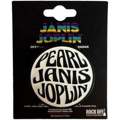 Een foto van een Janis Joplin Speld Badge