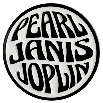 Een foto van een Janis Joplin Speld Badge