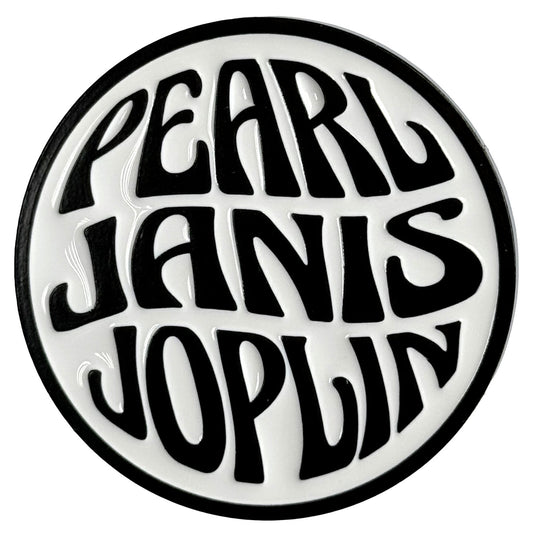 Een foto van een Janis Joplin Speld Badge