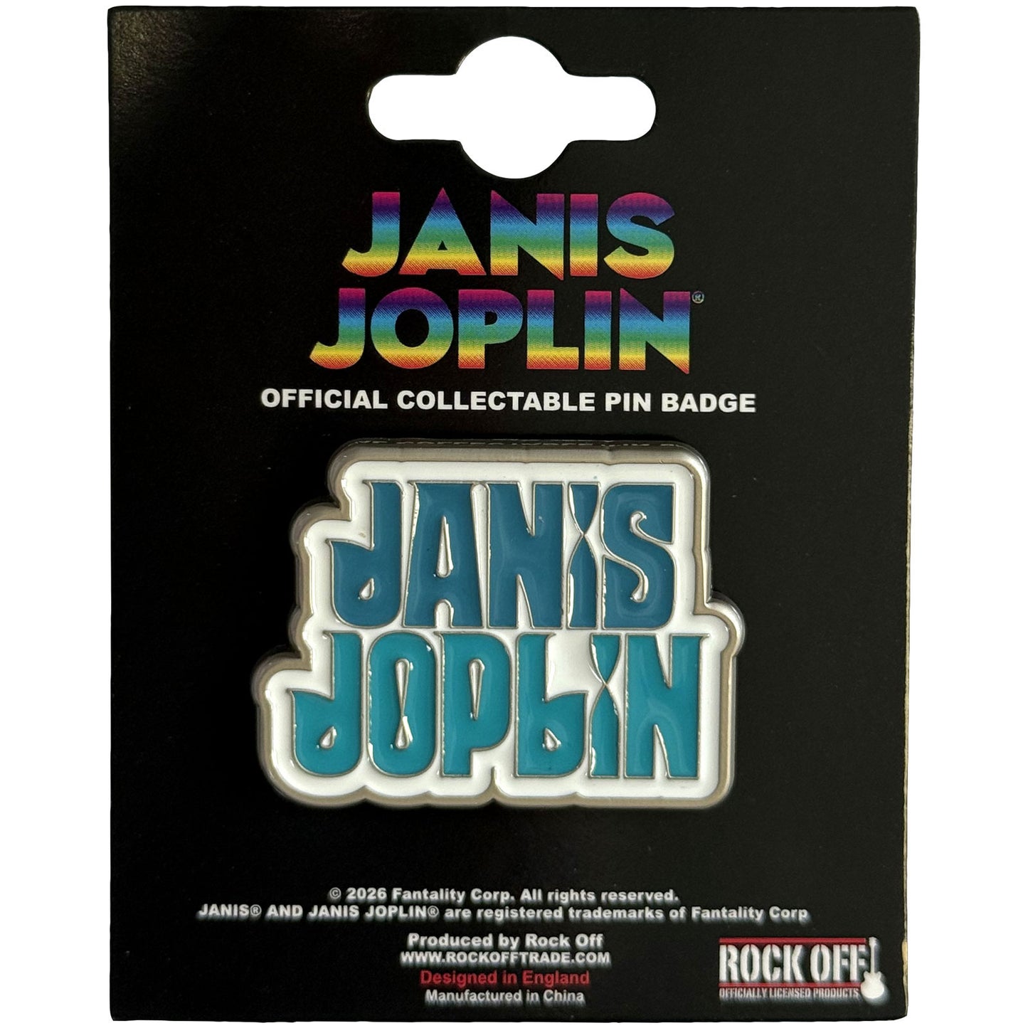 Een foto van een Janis Joplin Speld Badge