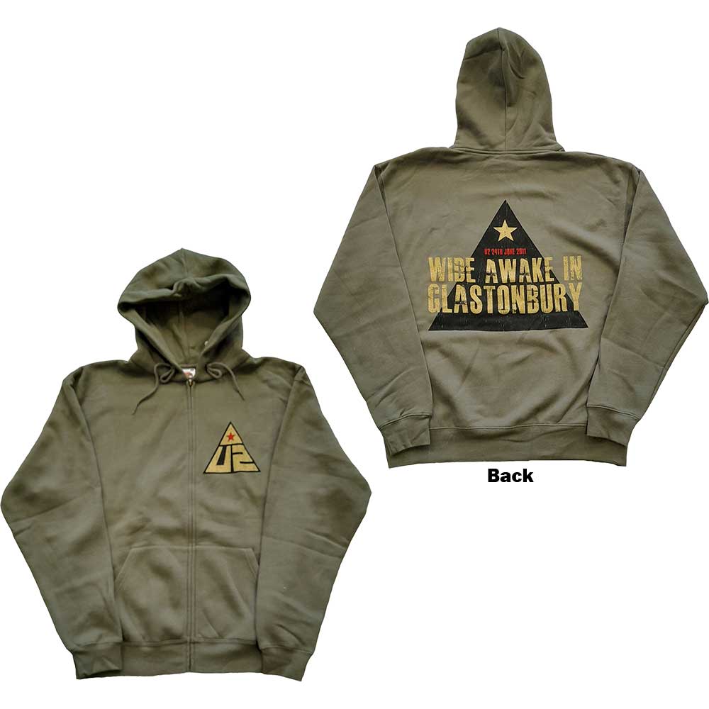 U2 Unisex Zipped Hoodie: Glastonbury 2011 Pyramid Stage (Back Print) (Ex-Tour) Ritshoodie