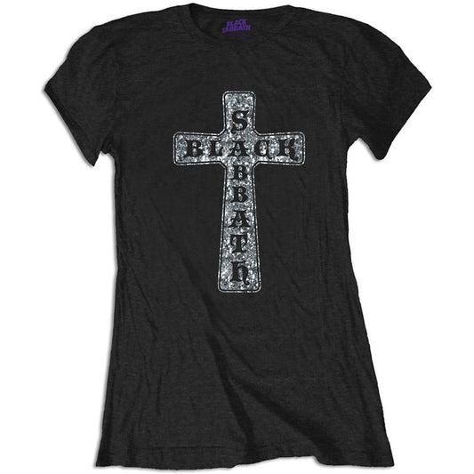 Black Sabbath Ladies Embellished T-Shirt: Cross (Diamante) Embellished T-Shirt