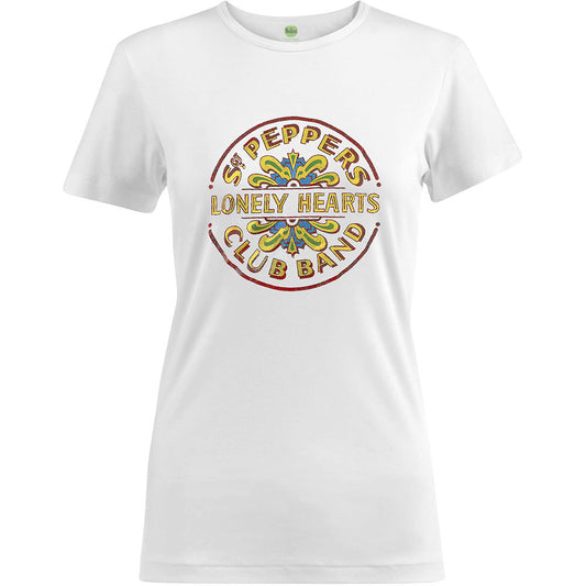 The Beatles Ladies Embellished T-Shirt: Sgt Pepper Drum Colour (Colour Foil) Embellished T-Shirt