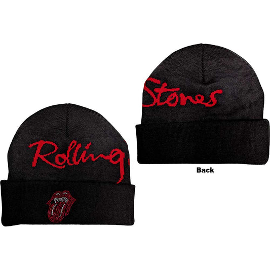 The Rolling Stones Unisex Beanie Hat: Embellished Classic Tongue (Back Print) Muts