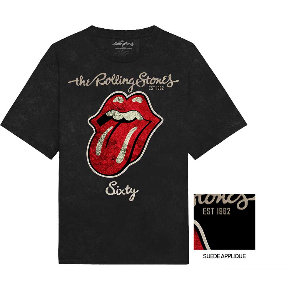 The Rolling Stones Unisex T-Shirt: Sixty Plastered Tongue (Suede Applique) T-Shirt